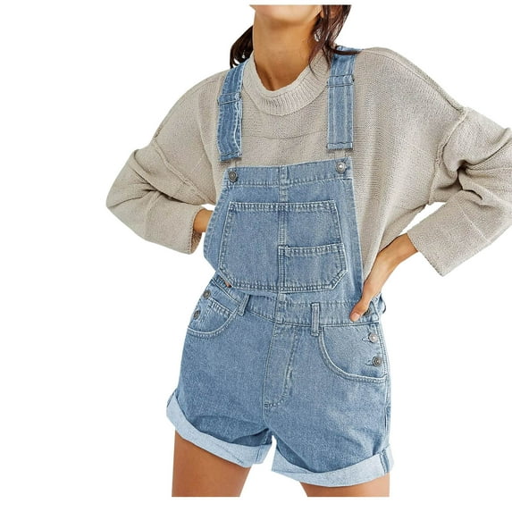 Lovskoo Women's Casual Denim Bib Overall Shorts Adjustable Straps Cuffed Hem Shortall Rompers Light Blue