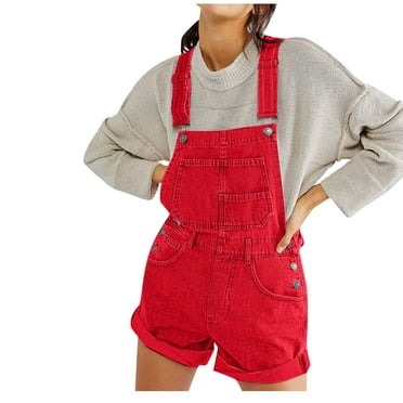 Lovskoo Women's Casual Denim Bib Overall Shorts Adjustable Straps Cuffed Hem Shortall Rompers Red