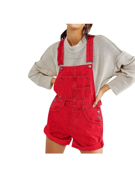 Women's Casual Denim Bib Overall Shorts Adjustable Straps Cuffed Hem Shortall Rompers Red