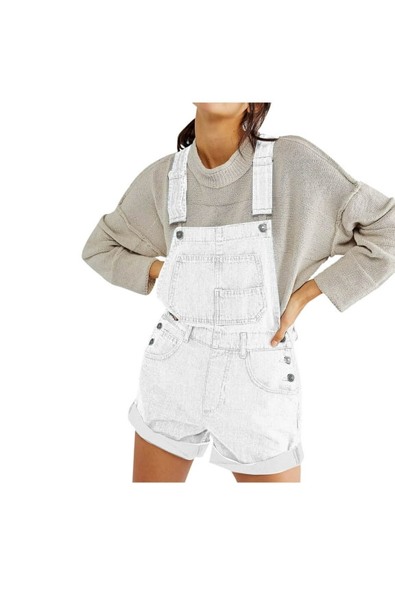 Women's Casual Denim Bib Overall Shorts Adjustable Straps Cuffed Hem Shortall Rompers White