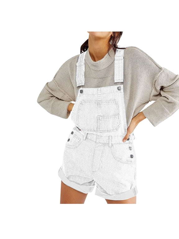 Women's Casual Denim Bib Overall Shorts Adjustable Straps Cuffed Hem Shortall Rompers White
