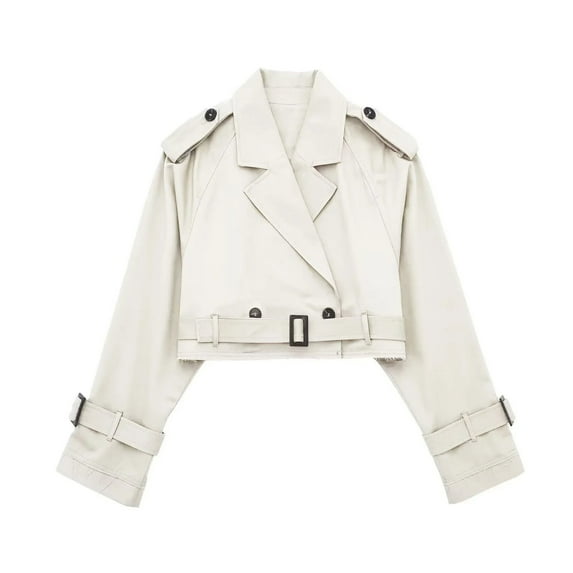 Lovskoo Women's Crop Trench Coat Double Breasted Raglan Long Sleeve Solid Color Work Office Cropped Jacket with Belt White