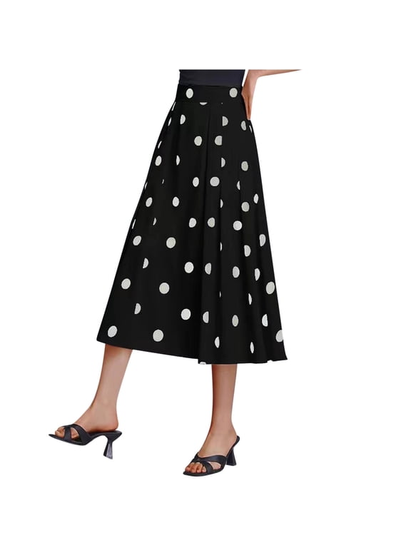 Women's Casual Polka Dot Flared Midi Skirt Basic A-Line Pleated Skirt Black