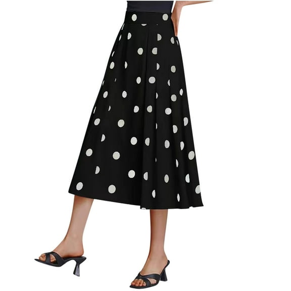 Lovskoo Women's Casual Polka Dot Flared Midi Skirt Basic A-Line Pleated Skirt Black