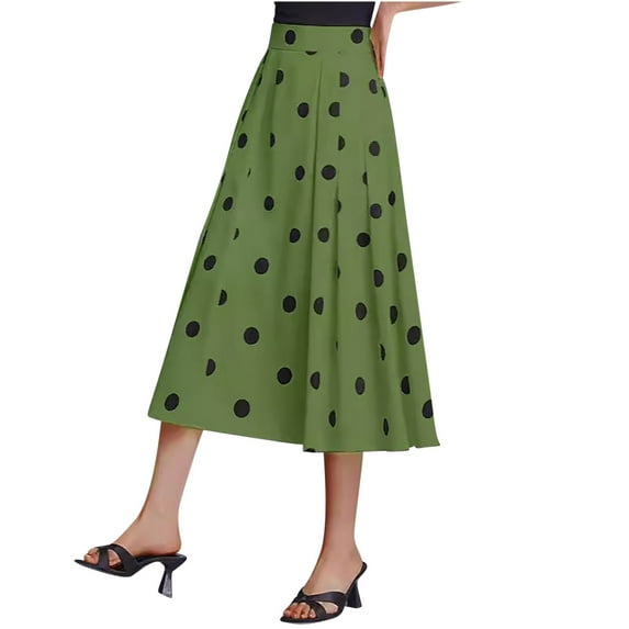 Lovskoo Women's Casual Polka Dot Flared Midi Skirt Basic A-Line Pleated Skirt Green