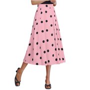 Lovskoo Womens Casual Polka Dot Flared Midi Skirt Basic A-Line Pleated Skirt Pink