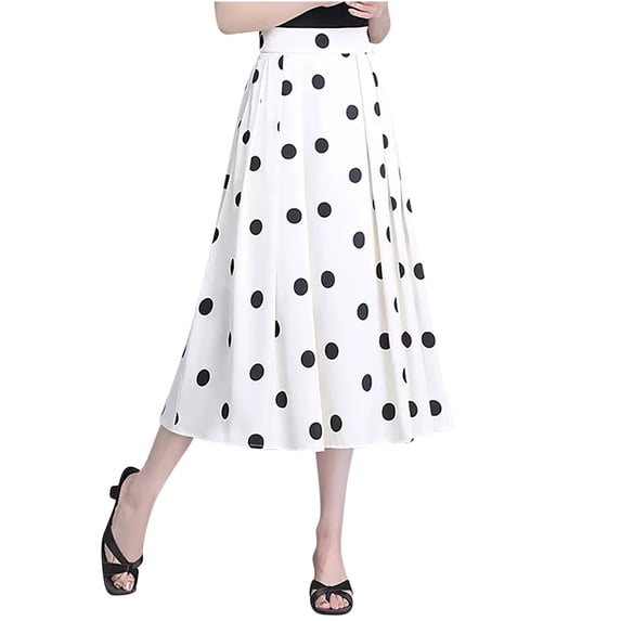Lovskoo Women's Casual Polka Dot Flared Midi Skirt Basic A-Line Pleated Skirt