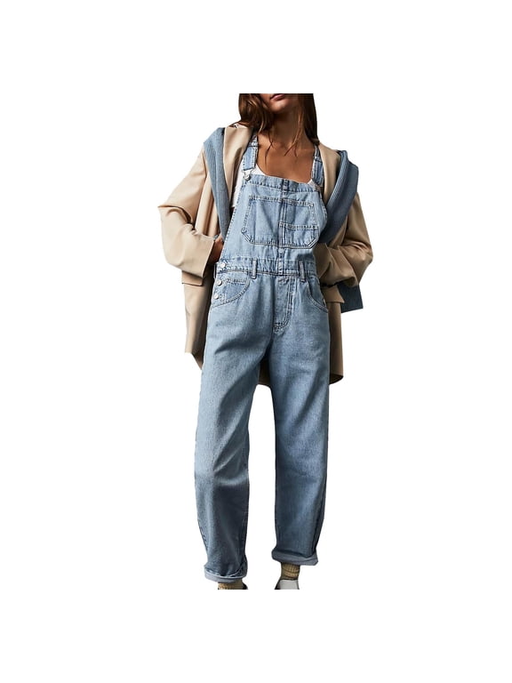 Women's Casual Stretch Adjustable Denim Bib Overalls Jeans Pants Jumpsuits Light Blue