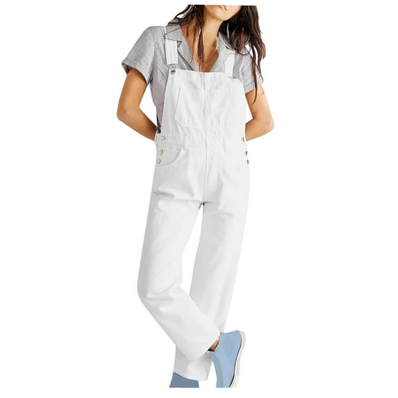 Lovskoo Women's Casual Stretch Adjustable Denim Bib Overalls Jeans Pants Jumpsuits White