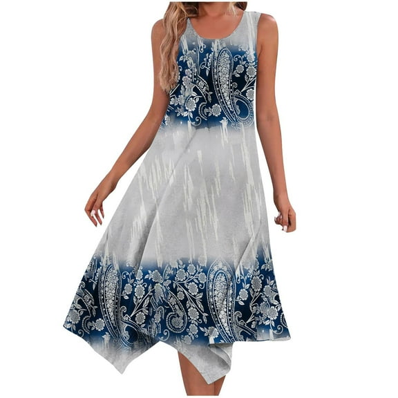 Lovskoo Women's Casual Summer Dress Sleeveless Sundress Hankerchief Hem Maxi Tank Dresses Beach Dress with Pockets Blue L
