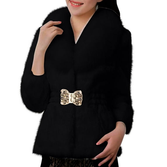 Lovskoo Women Faux Fur Coat Winter Elegant Thick Warm Fashion Outerwear Short Jacket Black