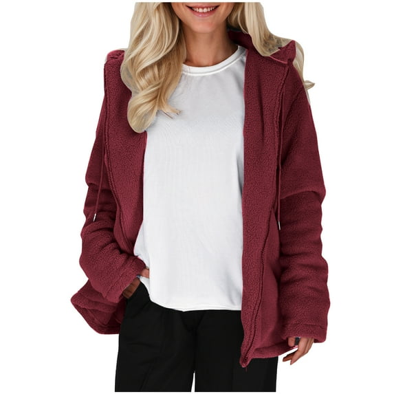 Lovskoo Fuzzy Fleece Winter Coats for Women Fashion Fleece Warm Hooded Long Sleeve Casual Outwear Warm Coat Claret