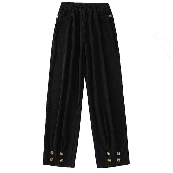 Lovskoo Women's Corduroy Pants Comfortable Solid Color Pocket Casual Straight Leg Pants Black