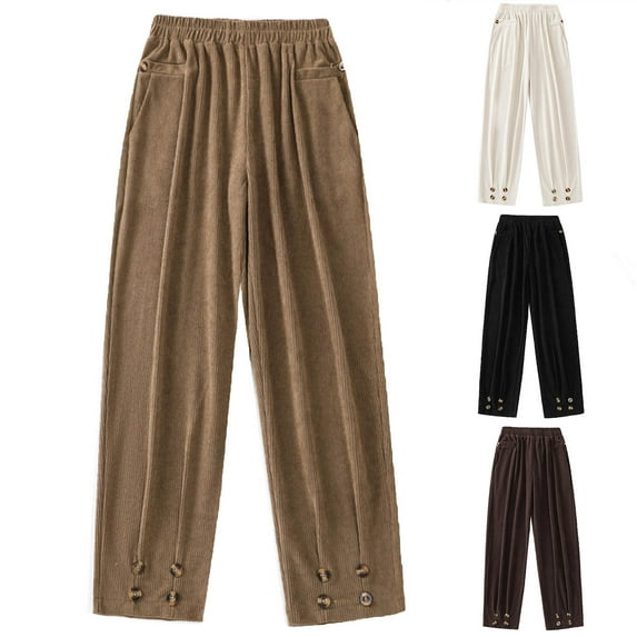 Lovskoo Women's Corduroy Pants Comfortable Solid Color Pocket Casual Straight Leg Pants Khaki