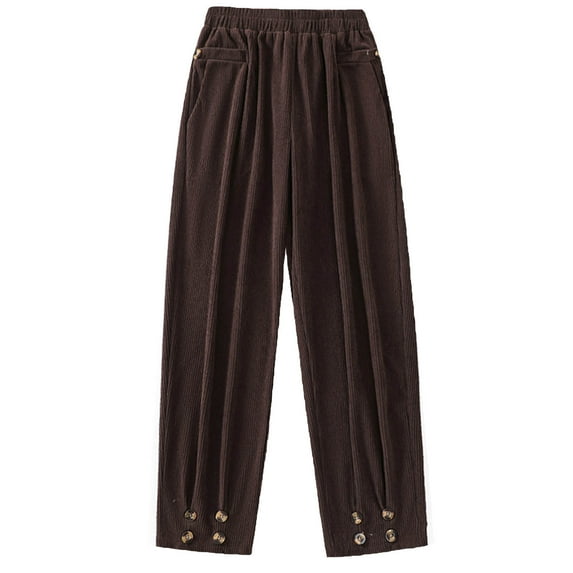 Lovskoo Women's Corduroy Pants Comfortable Solid Color Pocket Casual Straight Leg Pants Khaki