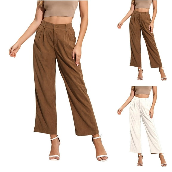 Lovskoo Women's Corduroy Pants Temperament Casual High-Waisted Straight Leg Pants Khaki