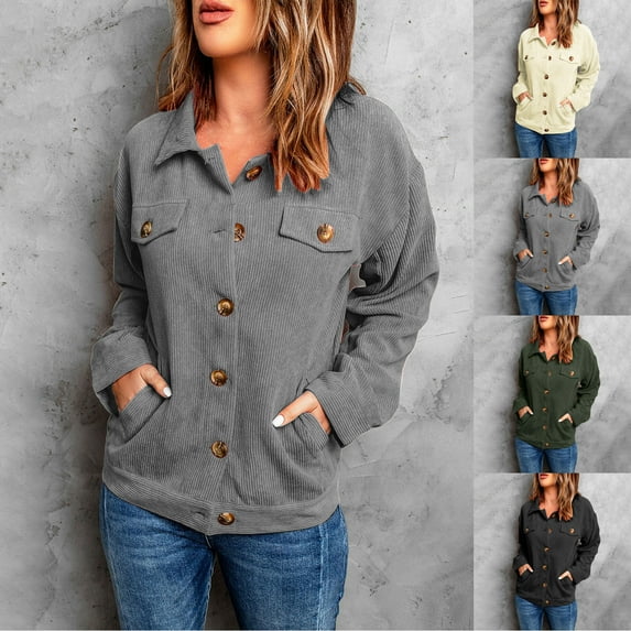 Lovskoo Women's Corduroy Shacket Shirt Jacket Solid Color Long Sleeve Lapel Loose Casual Cardigan Top Coat Beige