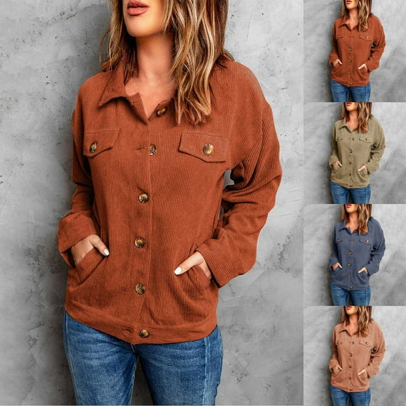 Lovskoo Women's Corduroy Shacket Shirt Jacket Solid Color Long Sleeve Lapel Loose Casual Cardigan Top Coat Brown