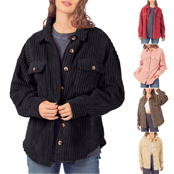 Lovskoo Women's Corduroy Shacket Shirt Jacket Winter Button Stripe Large Pocket Shirt Coat Red