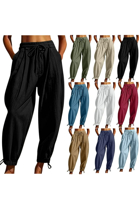 Women's Cotton And Linen Baggy Wide Leg Pants Elastic Waisted Casual Palazzo Harem Pants with Pockets Cropped Pants White