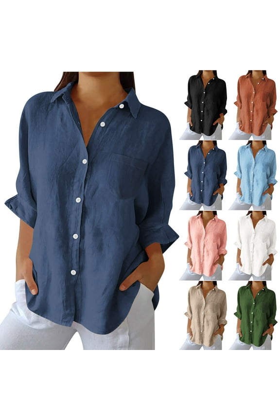 Women's Cotton And Linen Button Down Pocket Shirts Collar Casual Long Sleeve Soft T-Shirt Olive Green