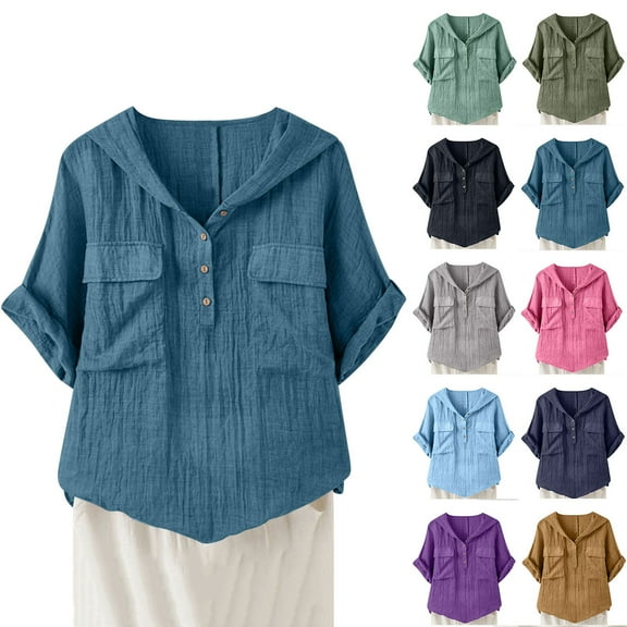Lovskoo Women's Cotton And Linen Tunic Shirts V-Neck Short Sleeve Loose Button Summer Solid Color Hooded Work Clothes Blouse Purple