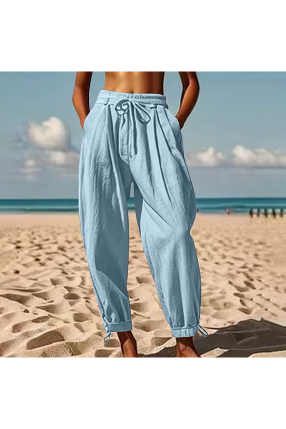 Women's Cotton Linen Harem Wide Leg Pants Elastic Waisted Casual Palazzo Pants with Pockets Cropped Pants Light Blue