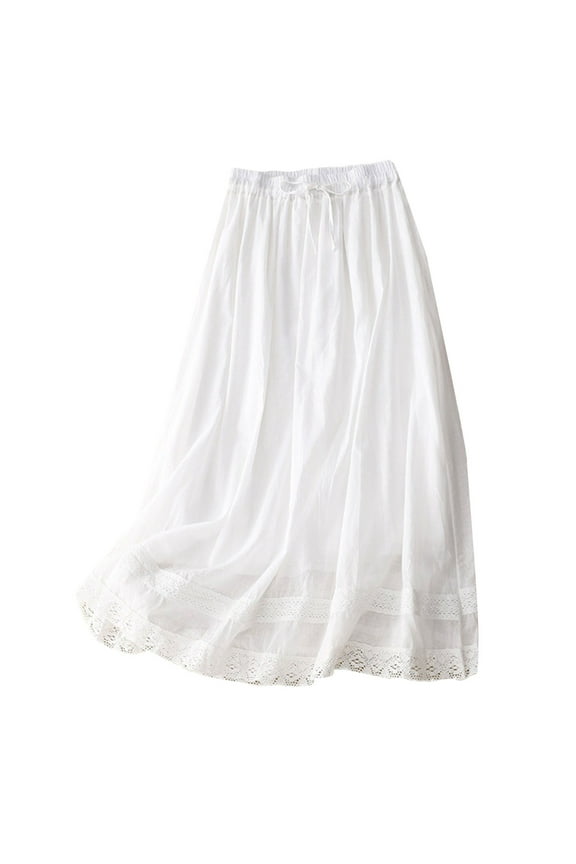 Women's Cotton Linen Skirts 2025 Summer A-Line Elastic Waist Front Strap Solid Color Skirt Embroidery Vintage Midi Skirts White