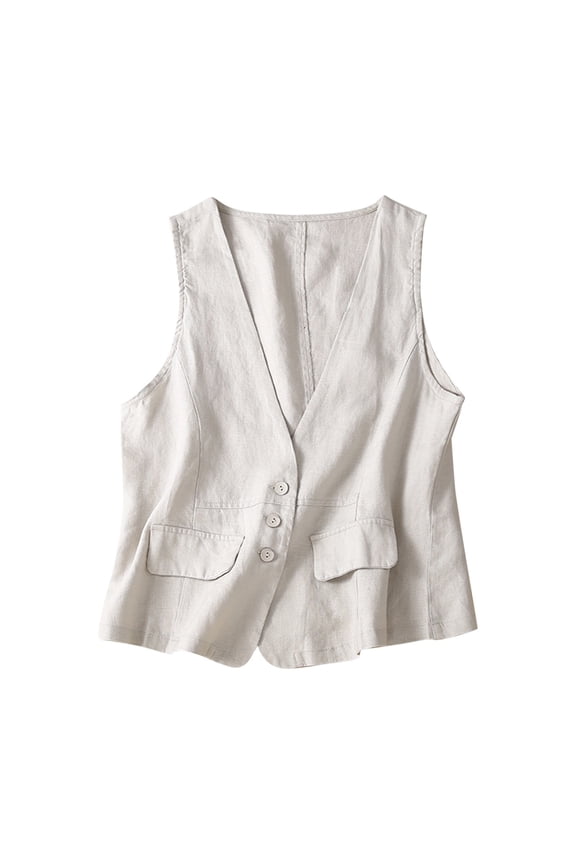 Women's Cotton Linen Sleeveless Vest Casual Loose V Neck Denim Trendy Cardigan Waistcoat Jacket Beige