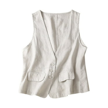 Lovskoo Women's Cotton Linen Sleeveless Vest Casual Loose V Neck Denim Trendy Cardigan Waistcoat Jacket Beige