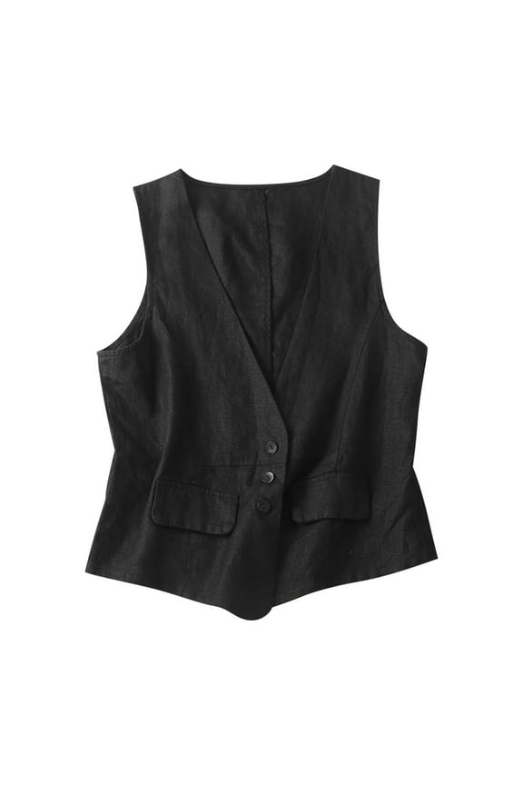 Women's Cotton Linen Sleeveless Vest Casual Loose V Neck Denim Trendy Cardigan Waistcoat Jacket Black