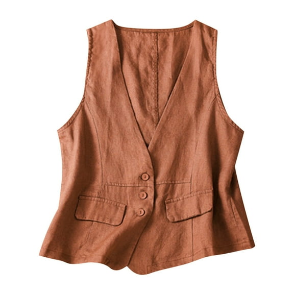 Lovskoo Women's Cotton Linen Sleeveless Vest Casual Loose V Neck Denim Trendy Cardigan Waistcoat Jacket Orange