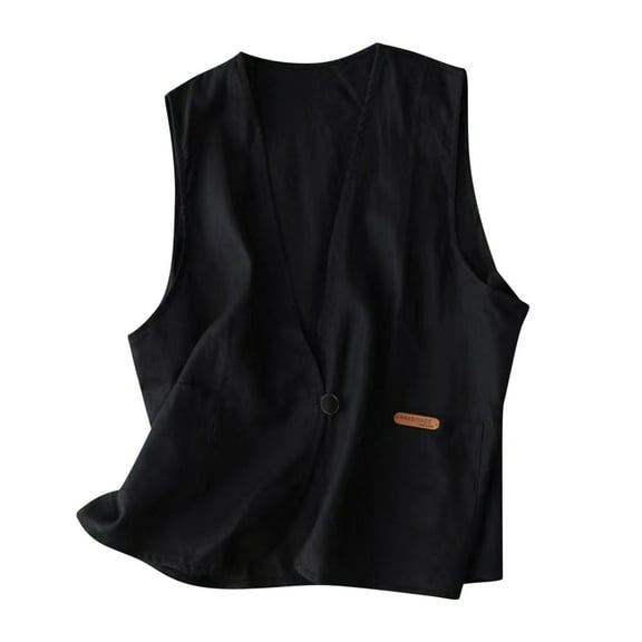 Lovskoo Women's Cotton Linen Sleeveless Vest Casual V Neck Button Down Blazer Waistcoat Jackets Black