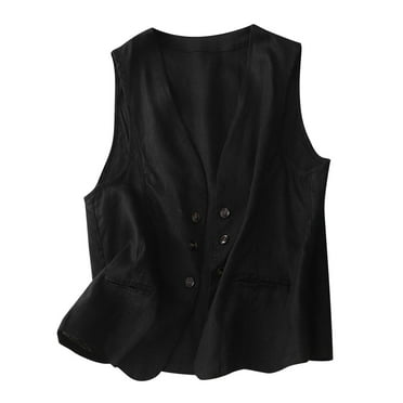 Lovskoo Women's Cotton Linen Sleeveless Vest Casual V Neck Button Down Blazer Waistcoat Jackets Black