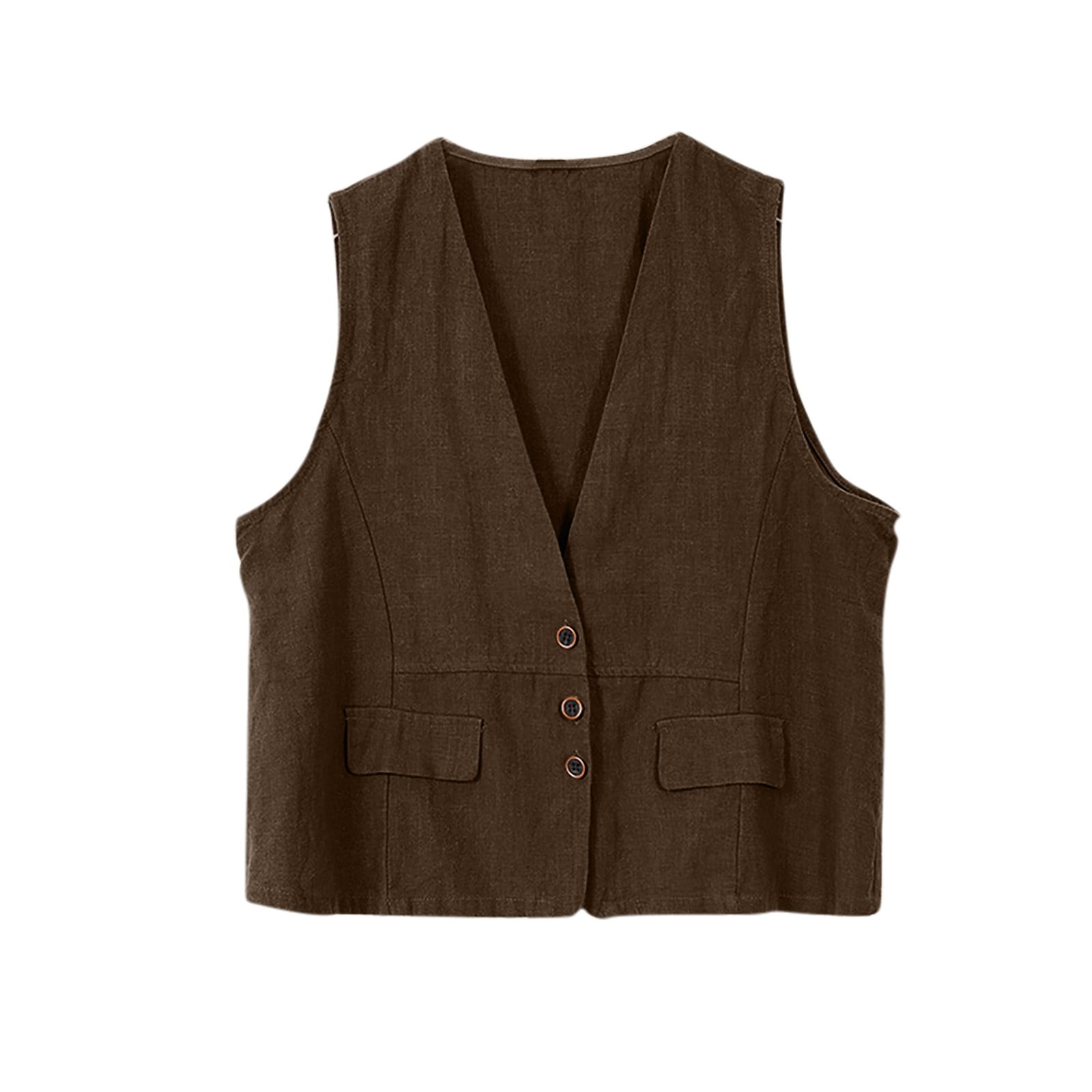 Women's Cotton Linen Sleeveless Vest Casual V Neck Button Down Blazer Waistcoat Jackets Coffee