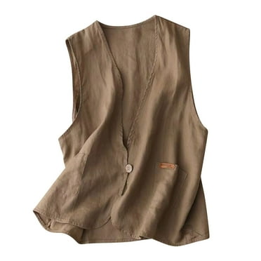Lovskoo Women's Cotton Linen Sleeveless Vest Casual V Neck Button Down Blazer Waistcoat Jackets Khaki