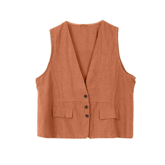 Lovskoo Women's Cotton Linen Sleeveless Vest Casual V Neck Button Down Blazer Waistcoat Jackets Red