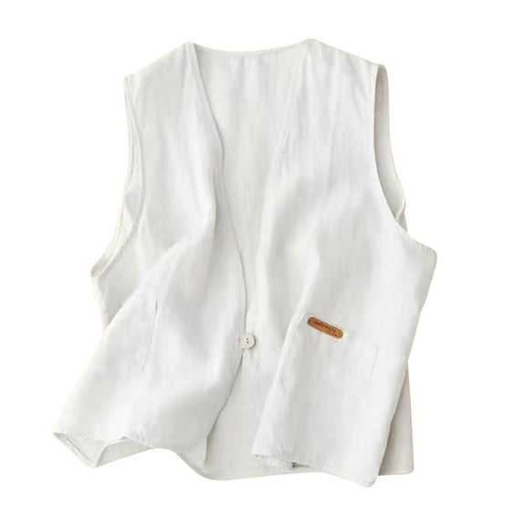 Lovskoo Women's Cotton Linen Sleeveless Vest Casual V Neck Button Down Blazer Waistcoat Jackets White