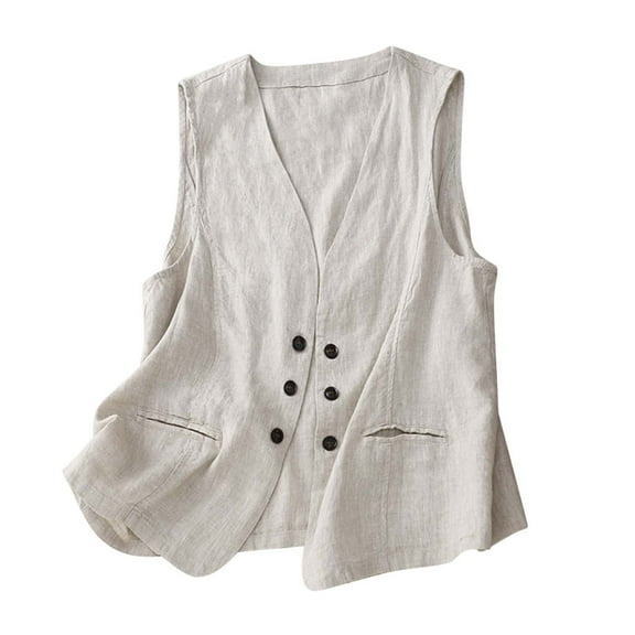 Lovskoo Women's Cotton Linen Sleeveless Vest Casual V Neck Button Down Blazer Waistcoat Jackets White