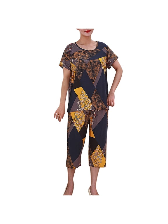 Women's Cotton Plus Size Sleepwear Capri Pajama Sets Short Sleeve Two-Piece Set Crew Neck Tops & Capri Pants Summer Comfortable Cotton Lounge Sets Black