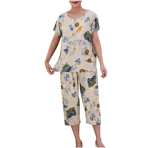 Lovskoo Women's Cotton Plus Size Sleepwear Capri Pajama Sets Short Sleeve Two-Piece Set Crew Neck Tops & Capri Pants Summer Comfortable Cotton Lounge Sets Blue