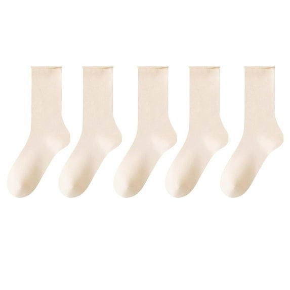 Lovskoo Women's Crew Socks Casual Cotton Mid-Calf Solid Color Socks Comfortable Warm Breathable Multicolor Socks 5 Pack Beige