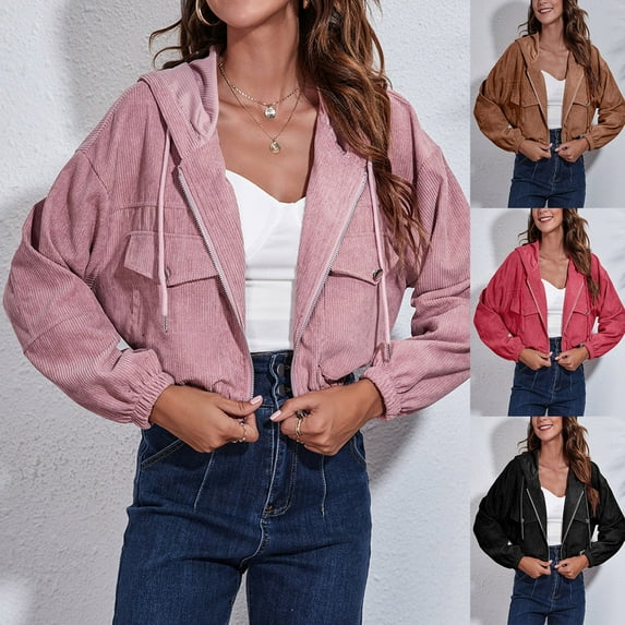 Lovskoo Women's Cropped Corduroy Hooded Shacket Jacket Winter Hooded Loose Drop Shoulder Long Sleeve Short Jacket Watermelon Red