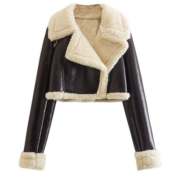 Lovskoo Women's Cropped Leather Jacket Winter Fall Warm Shearling Lined Jacket Short Coat Zipper Motorcycle Style Jacket Coffee