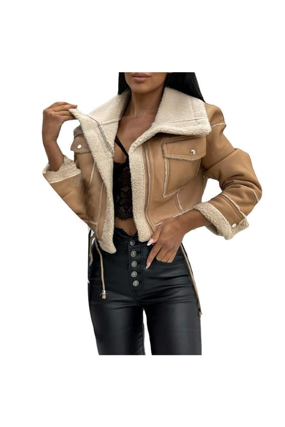 Women's Cropped Leather Jacket Winter Fall Warm Shearling Lined Jacket Short Coat Zipper Motorcycle Style Jacket Khaki