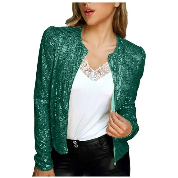Lovskoo Women's Cropped Sequin Jacket Open Front Blazer Casual Long Sleeve Short Cardigan Spring Fall Jacket Coat Green
