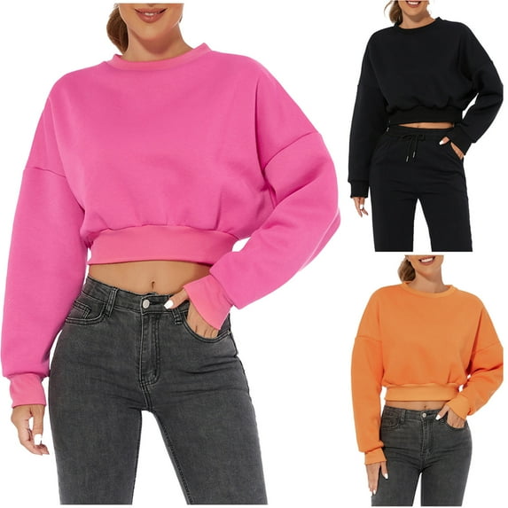 Lovskoo Women's Cropped Sweatshirt Fall Winter Fleece Thick Warm Trendy Long Sleeve Comfortable Breathable Hooded Sweatshirts Shirt Tops Black