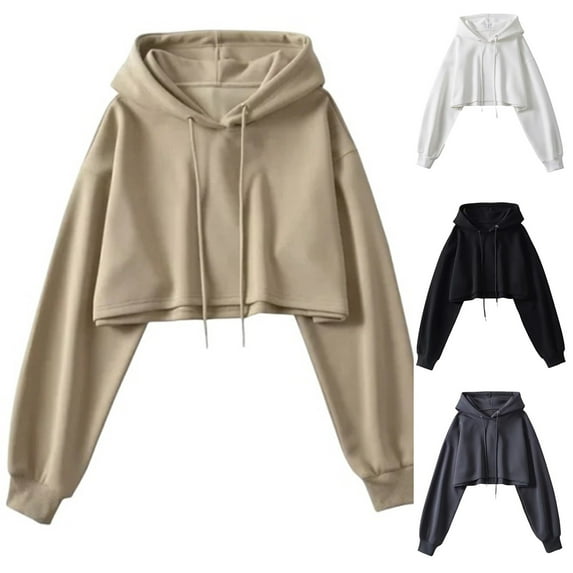 Lovskoo Women's Cropped Sweatshirt Long Sleeve Hoodie Sweatshirt Hooded Pullover Tops Blouse Black