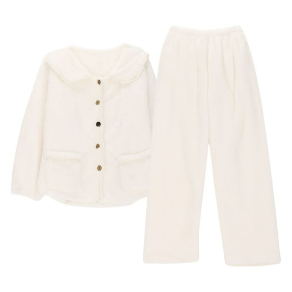 Lovskoo Women's Cute 2 Piece Pajamas Outfit Fuzzy Fleece Solid Color Pajama Set Soft Warm Sleepwear Loungwear C-Beige