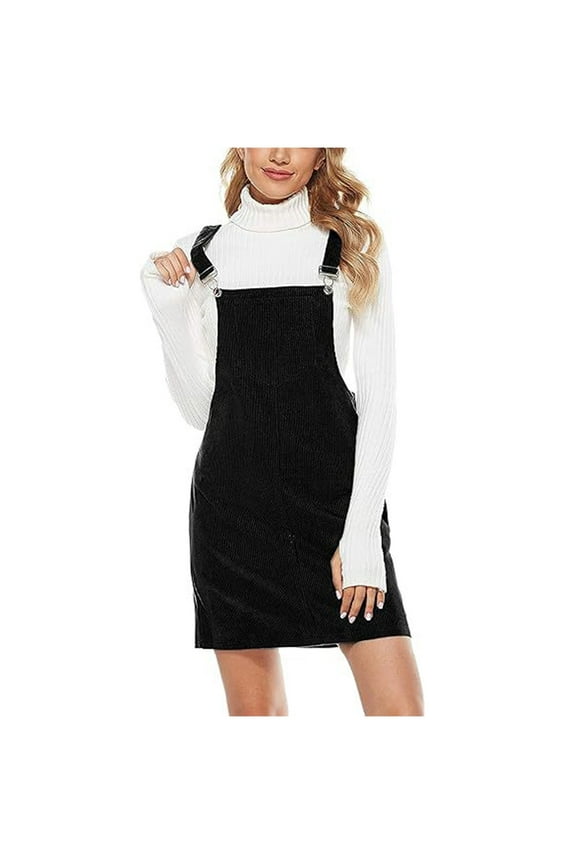 Women's Cute Corduroy Overall Bib Dress Pinafore Suspender Dress Skirt Jumper Dress with Pockets Black L